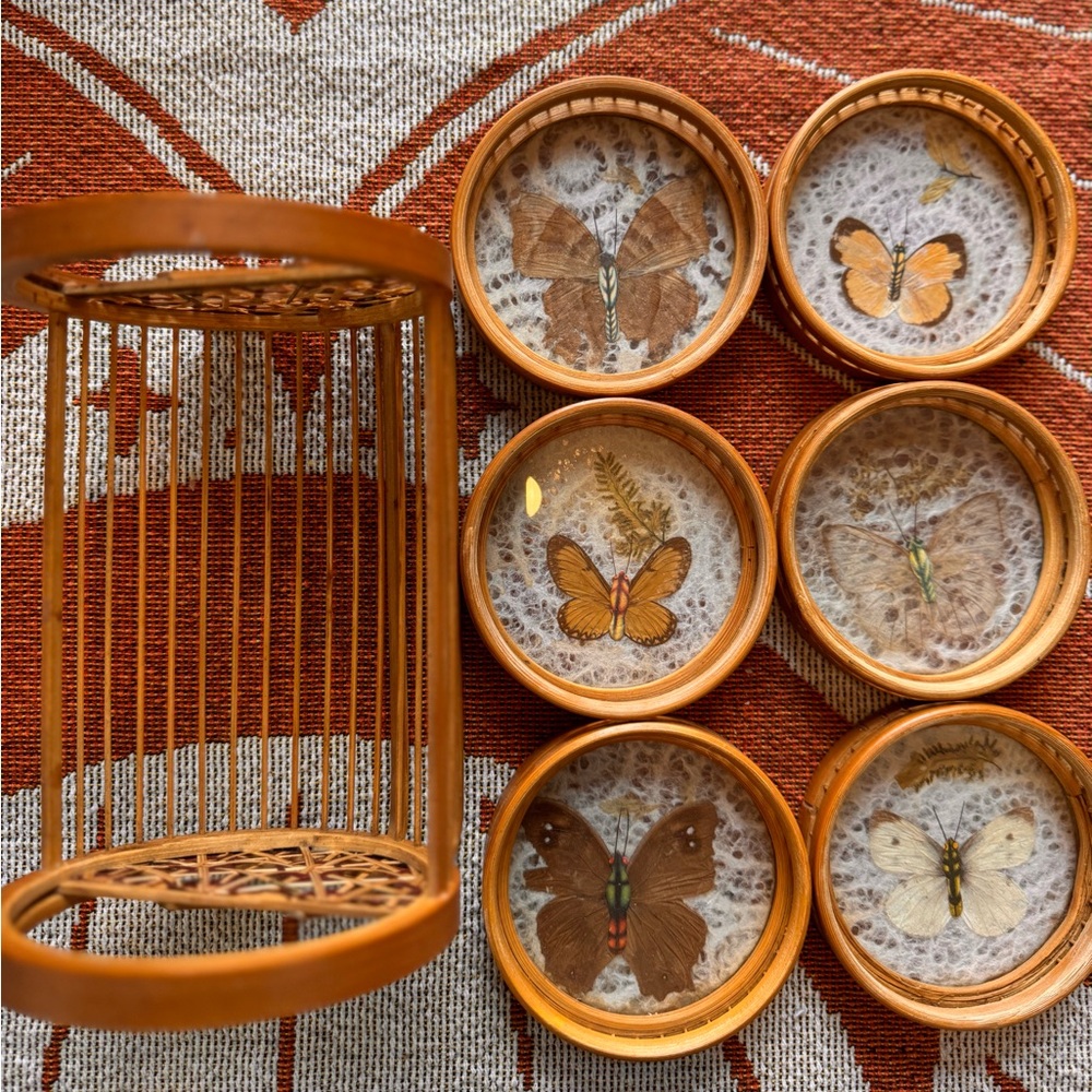 Woven Bamboo Coasters with Butterfly Inlay Set of 6 - Amber Brown